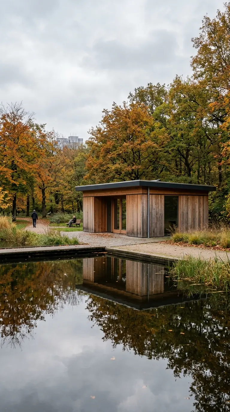 Houten paviljoen met lariks gevelbekleding aan een vijver in een stadspark