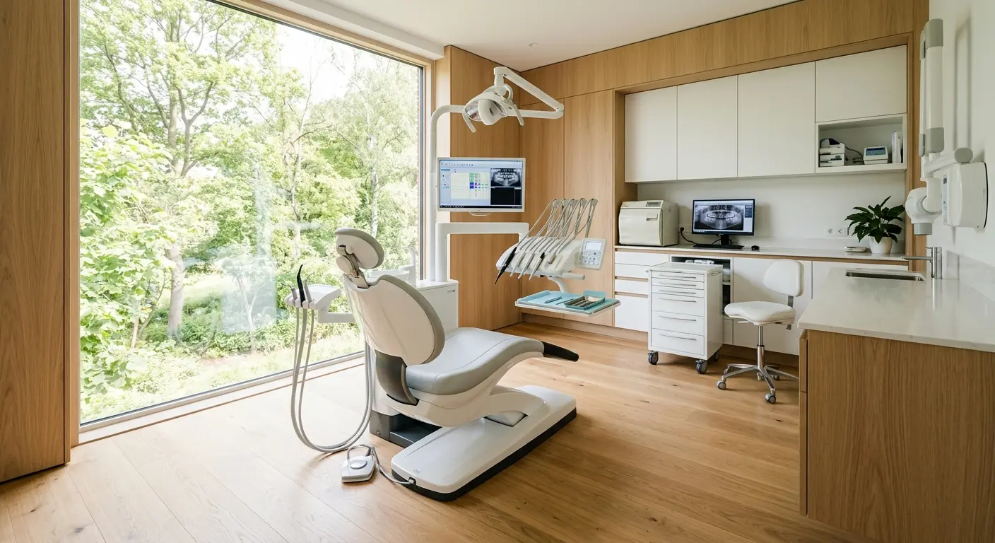 Behandelkamer met tandartsstoel en een groot raam met bomen