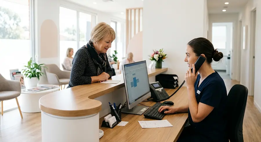 Assistente helpt een patiënt aan de balie