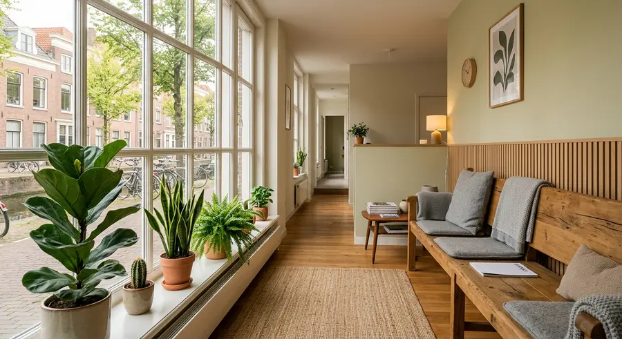 Wachtkamer met houten bank, planten en een groot raam