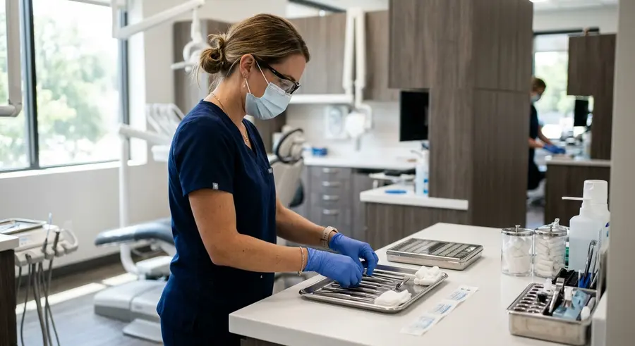 Mondhygiënist legt instrumenten klaar