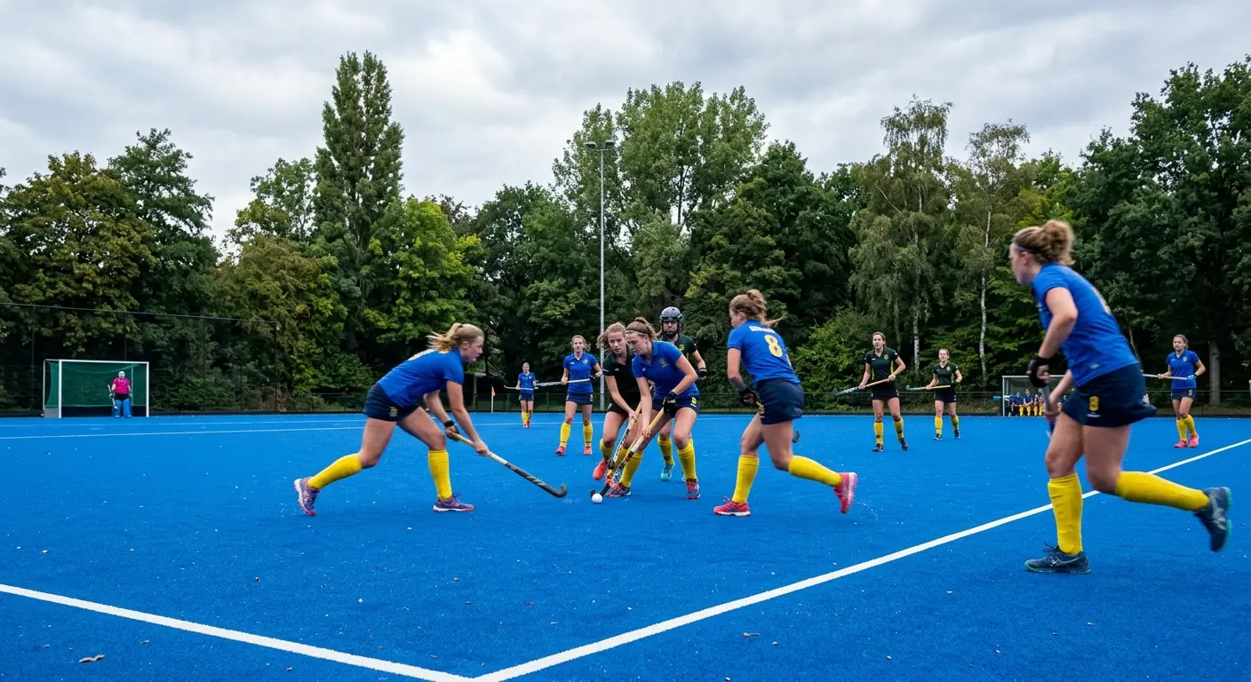 Dames van De Wielewaal in blauw en geel tijdens een thuiswedstrijd op het waterveld