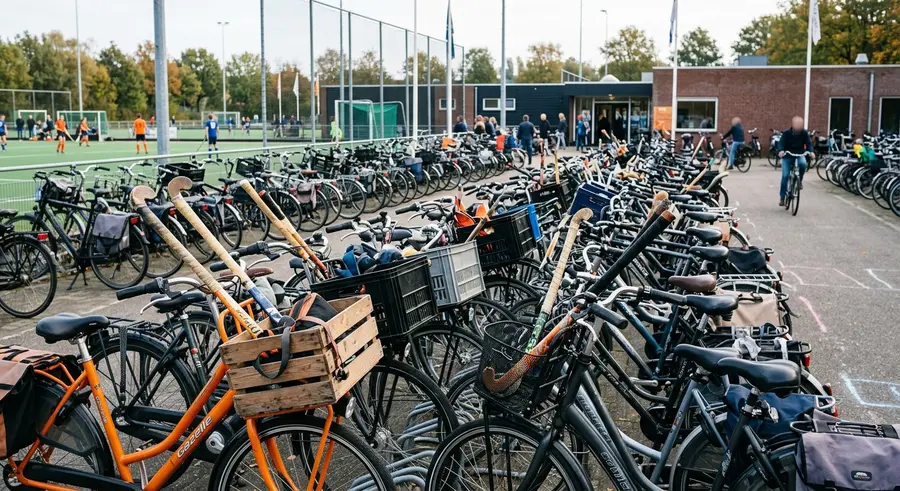 Volle fietsenstalling met sticks in de kratten