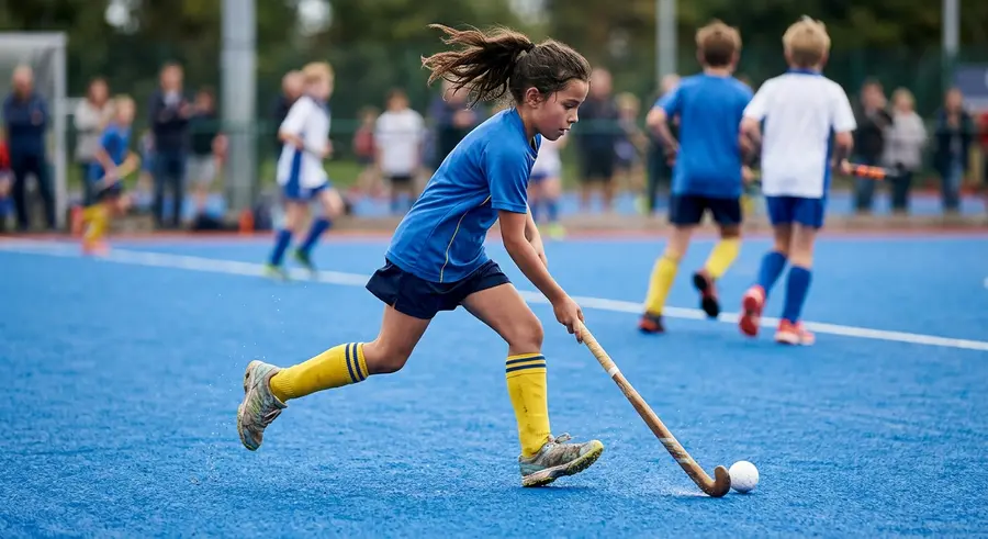 Een meisje in blauw en geel dribbelt met de bal