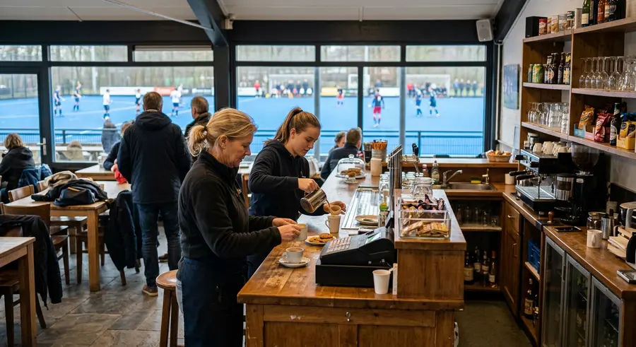 Vrijwilligers achter de bar in het clubhuis, met uitzicht op het veld