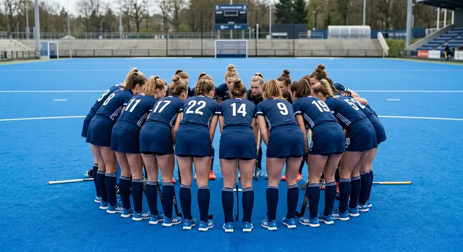 Dames 1 in een kring op het veld voor de wedstrijd