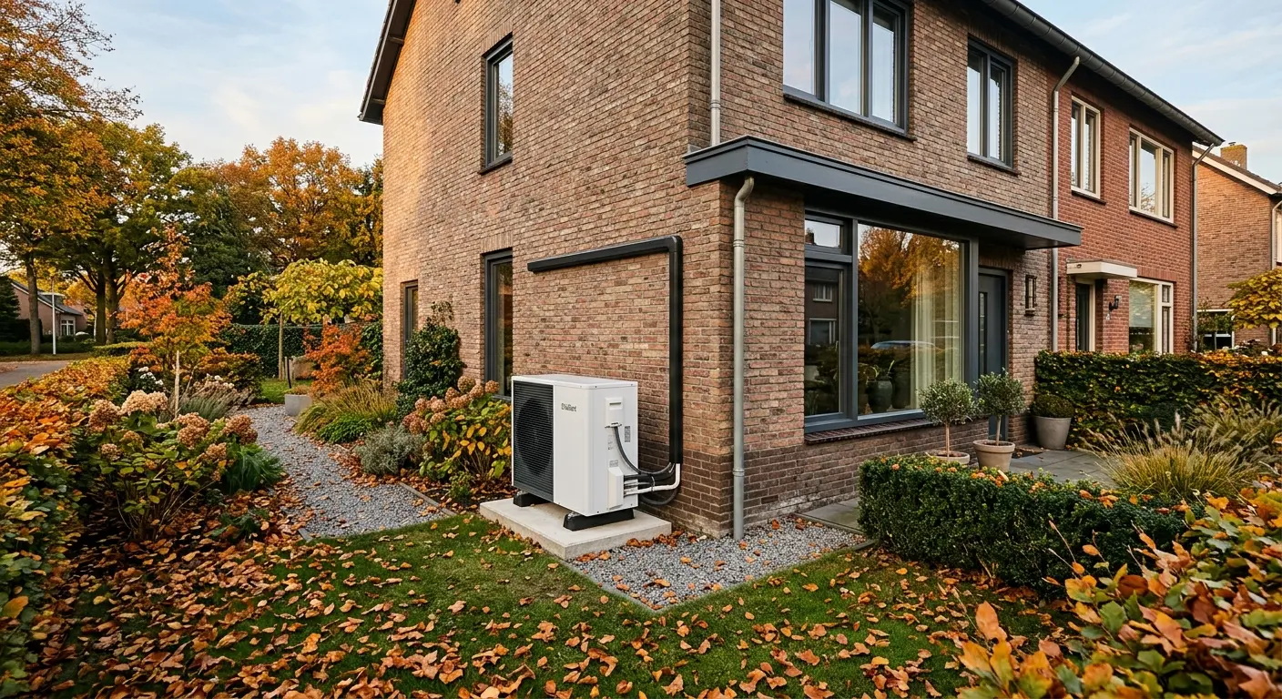 Buitenunit van een lucht-water warmtepomp naast een woning in Apeldoorn