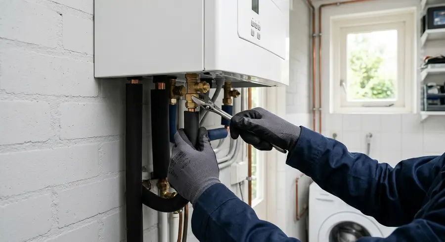 Monteur sluit leidingen aan op de binnenunit van een warmtepomp