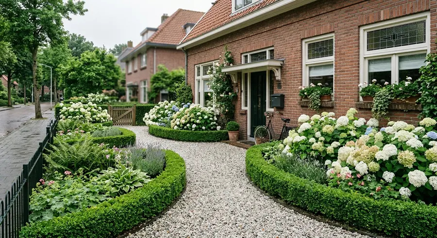 Voortuin met buxushagen, grindpad en hortensia's bij een jaren-dertighuis