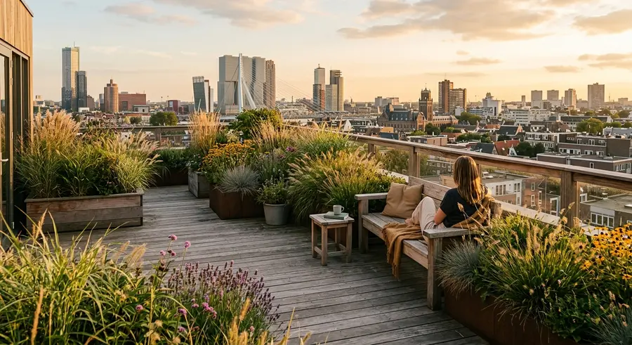 Daktuin met houten vlonder en plantenbakken boven de stad
