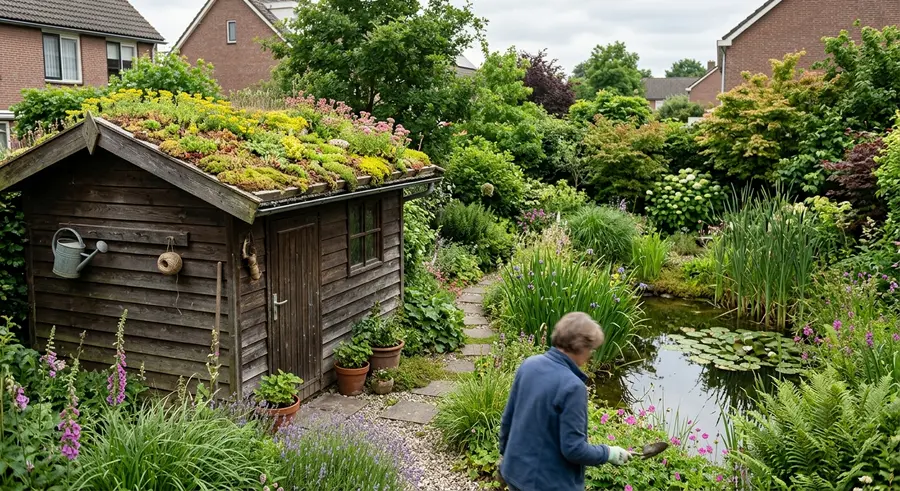 Tuin met vijver, inheemse planten en een schuur met sedumdak