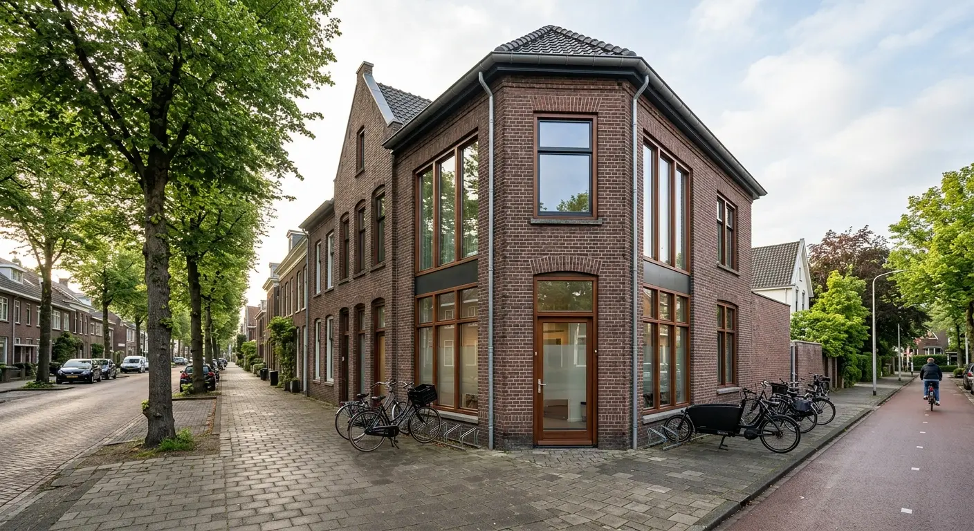 Praktijkpand van De Linde aan een rustige straat met fietsen ervoor