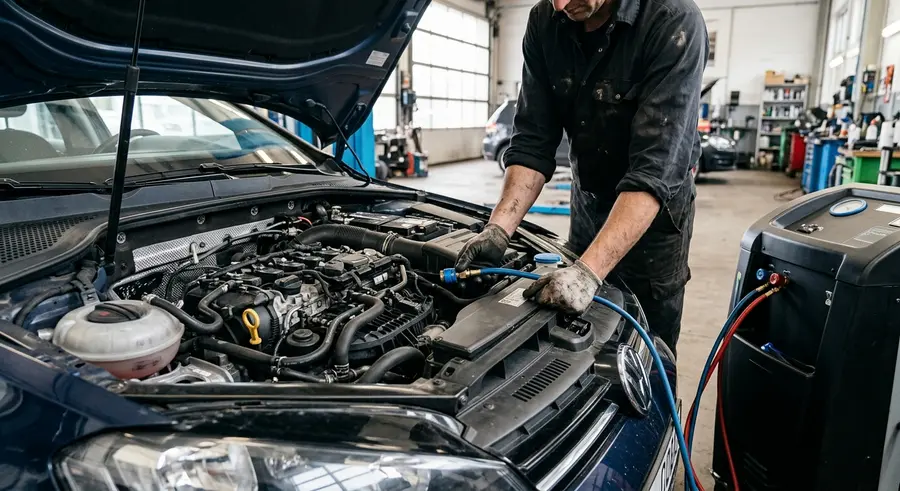 Airco-servicemachine aangesloten onder de motorkap