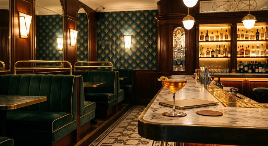 Art-decobar met groene fluwelen banken, messing details en een cocktail op marmer