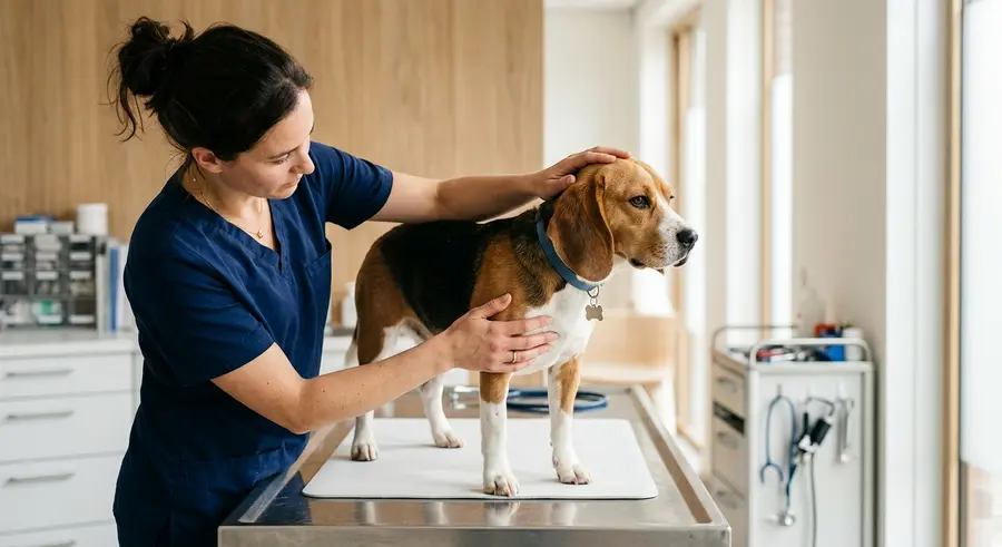 Dierenarts onderzoekt een beagle op de behandeltafel