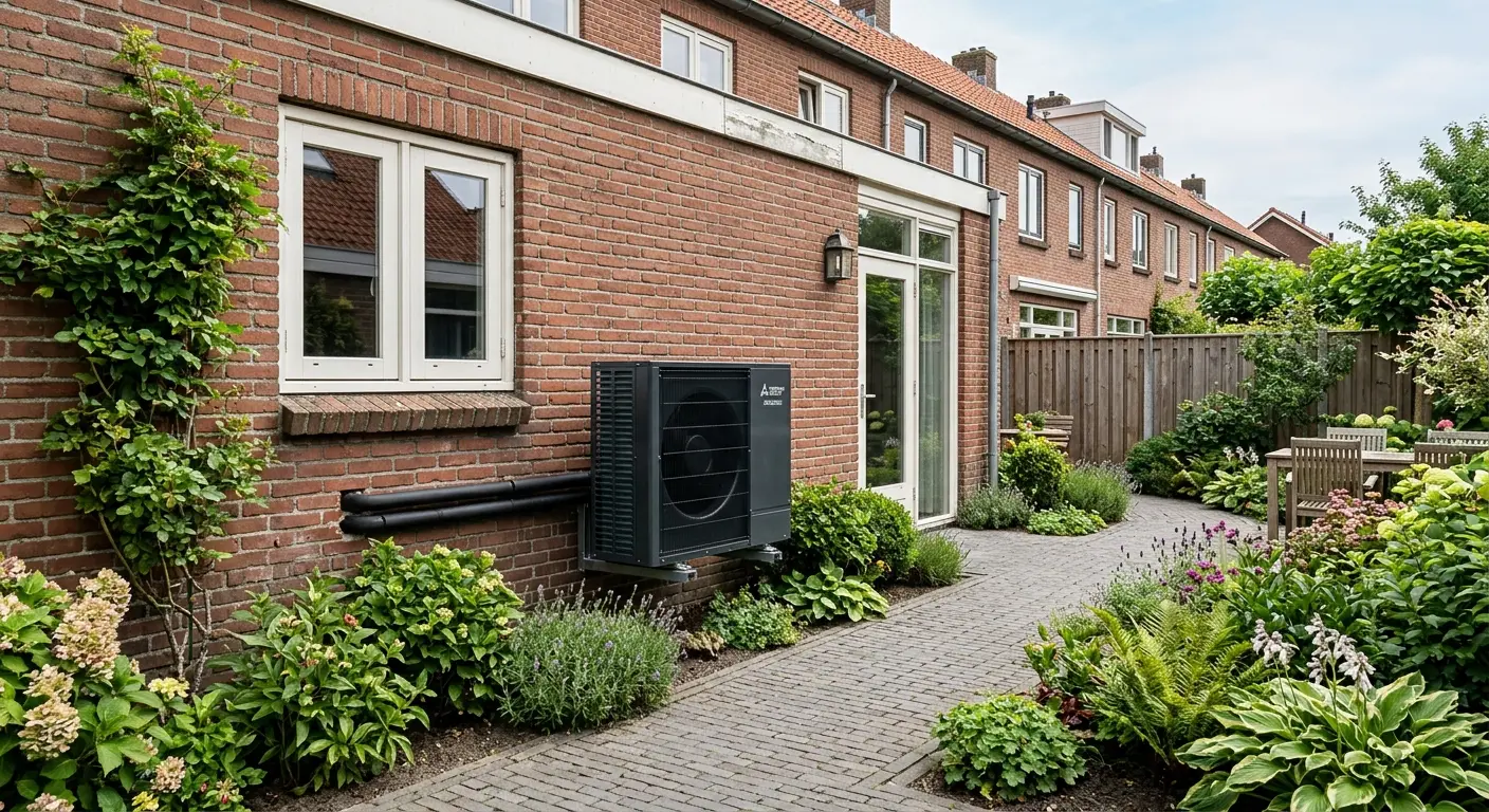 Buitenunit van een warmtepomp tegen de achtergevel van een rijtjeswoning