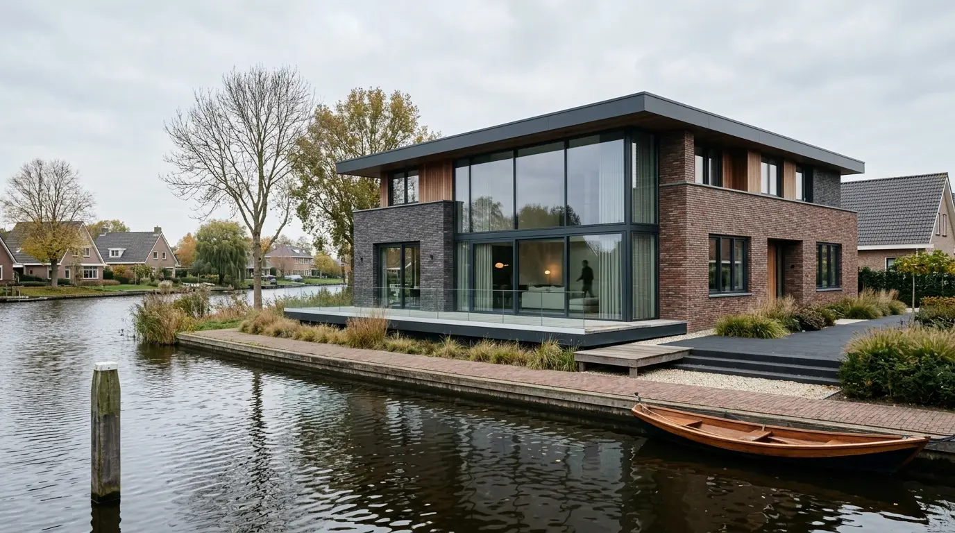 Bakstenen villa met grote ramen aan het water