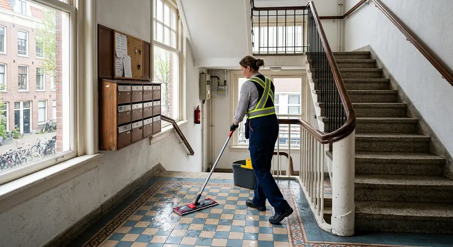 Schoonmaker dweilt het trappenhuis van een appartementengebouw