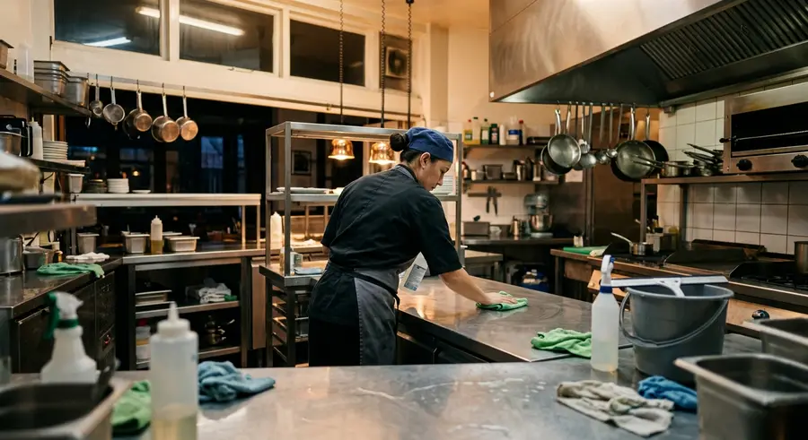 Restaurantkeuken van rvs wordt na sluitingstijd schoongemaakt