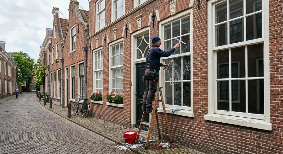 Glazenwasser op een ladder bij een Haags herenhuis