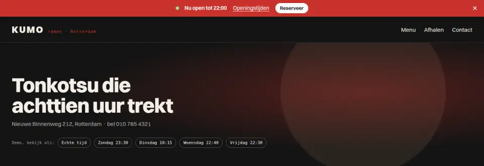 Aankondigingsbalk met live openingsstatus