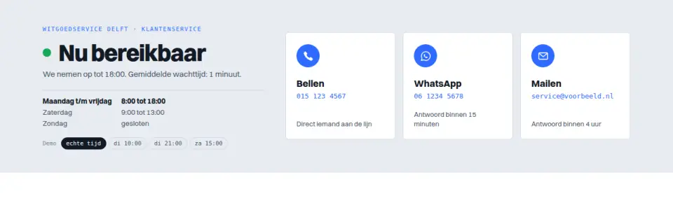 Contact: nu bereikbaar of morgen