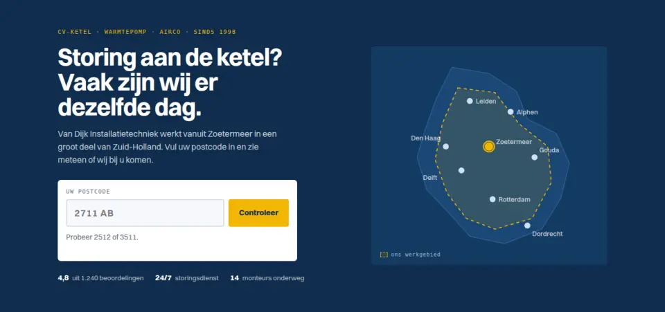 Hero met postcodecheck werkgebied