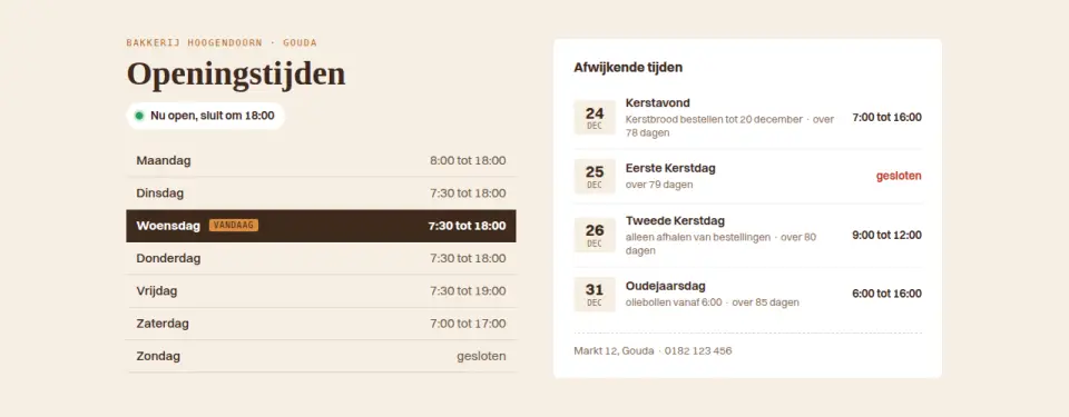 Openingstijden met feestdagen