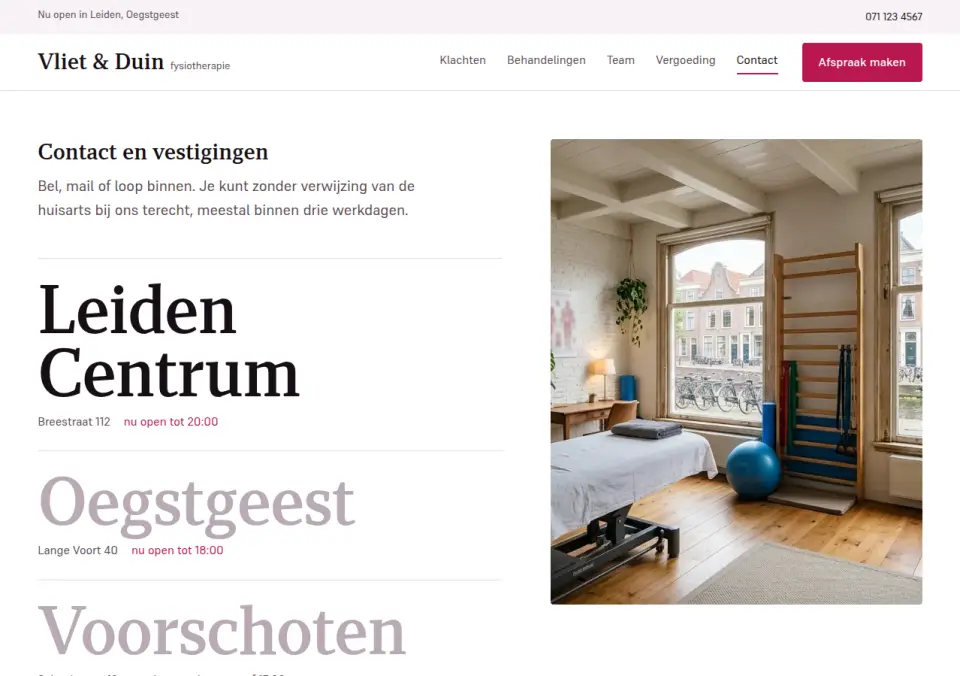 Contactpagina · Fysiotherapie Vliet & Duin, Leiden
