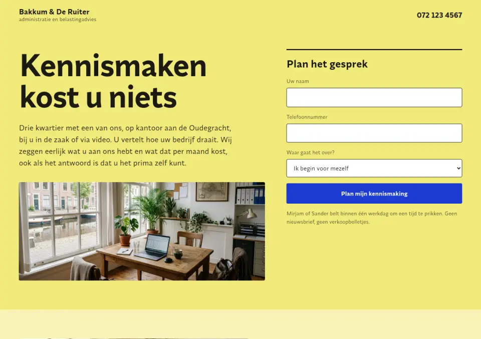 Landingspagina kennismakingsgesprek · Bakkum & De Ruiter administratie, Alkmaar