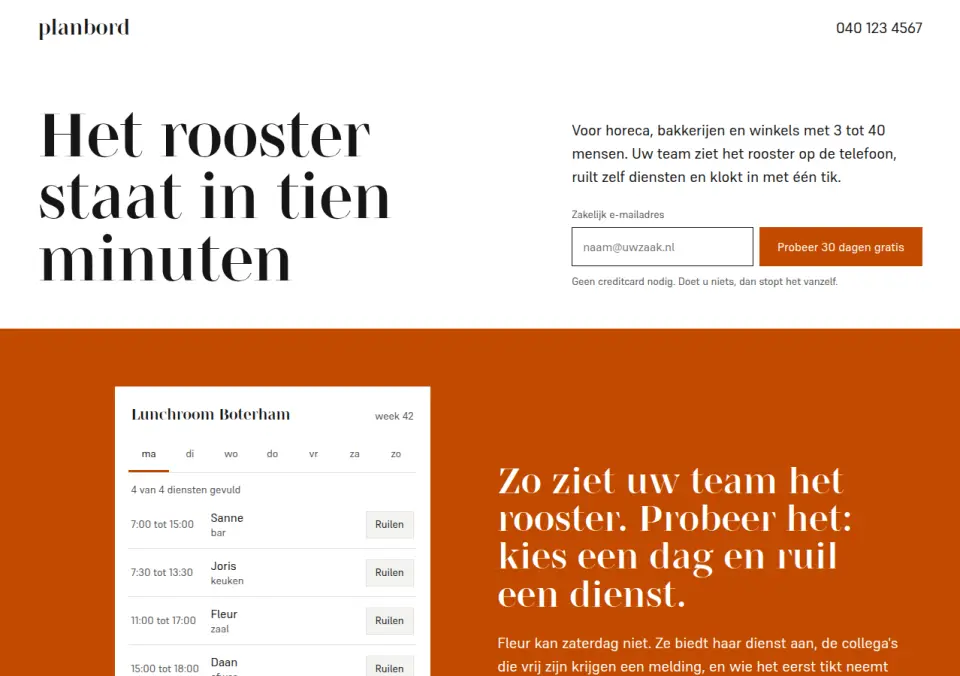 Landingspagina 30 dagen gratis · Planbord roostersoftware, Eindhoven