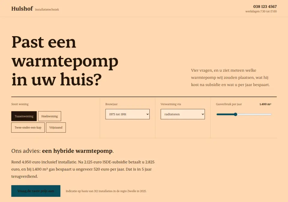 Landingspagina warmtepomp · Hulshof Installatietechniek, Zwolle