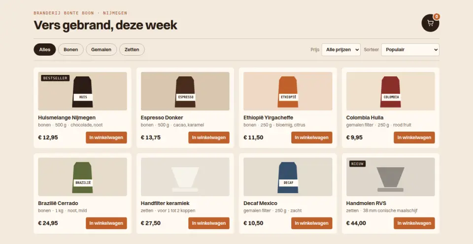 Productgrid met filters en winkelwagen